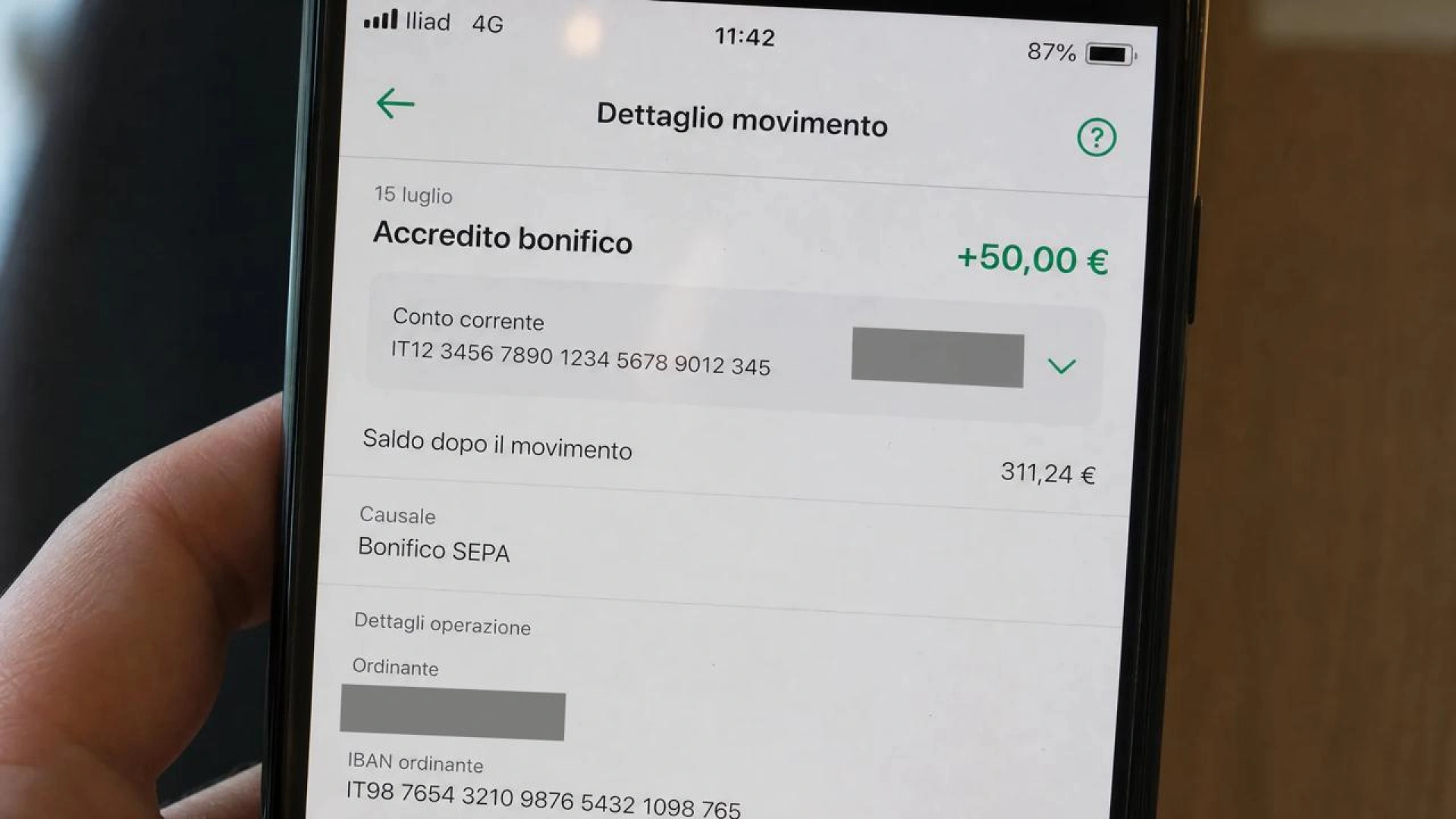 Screenshot accredito Intesa Sanpaolo, 50 euro.
